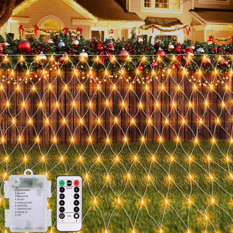 echosari Christmas Net Lights Battery Operated, 100 LED 5FT x 5FT Net Lights Outdoor with Remote Timer, Bush Mesh Light for Xmas Tree Garden Yard Decor (Warm White) - Image 1
